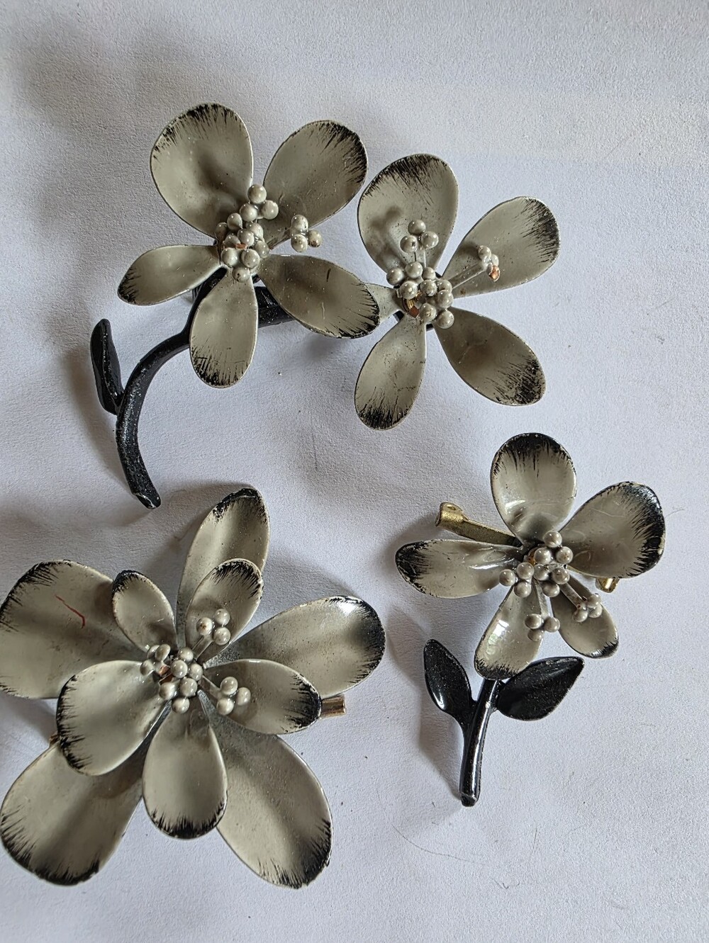 Lot Of 3 Gray And Black Floral Enamel Pins 70s